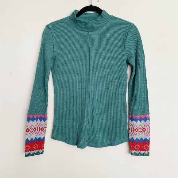 Maurices Waffle Mock Neck Fair Isle Cuff Mixer Tee - Size XS - Picture 2 of 6